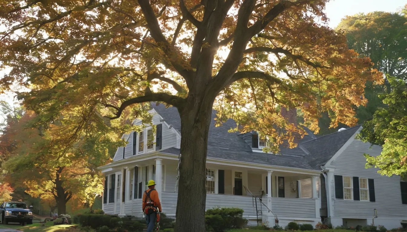 A tree removal provider working on a large tree beside a home in Boston