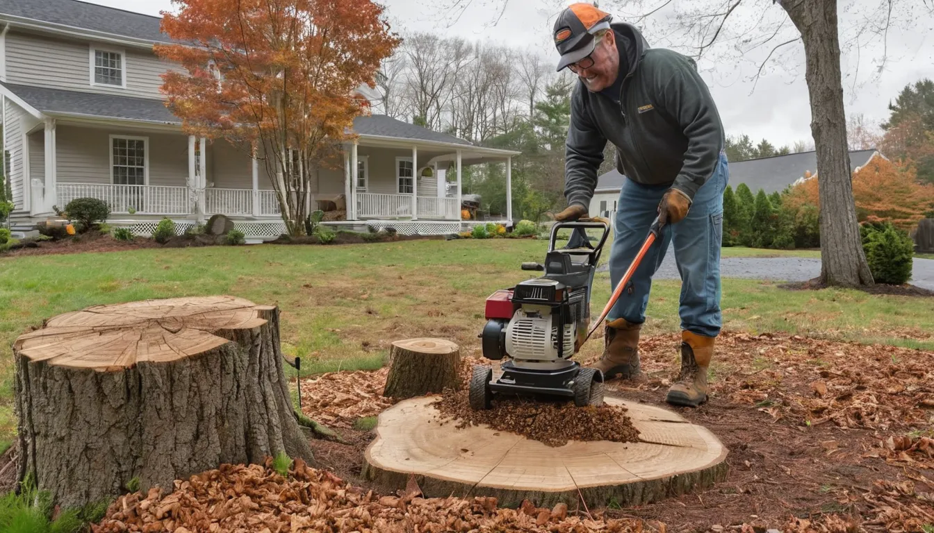 Local stump grinding provider working in a residential yard in Boston